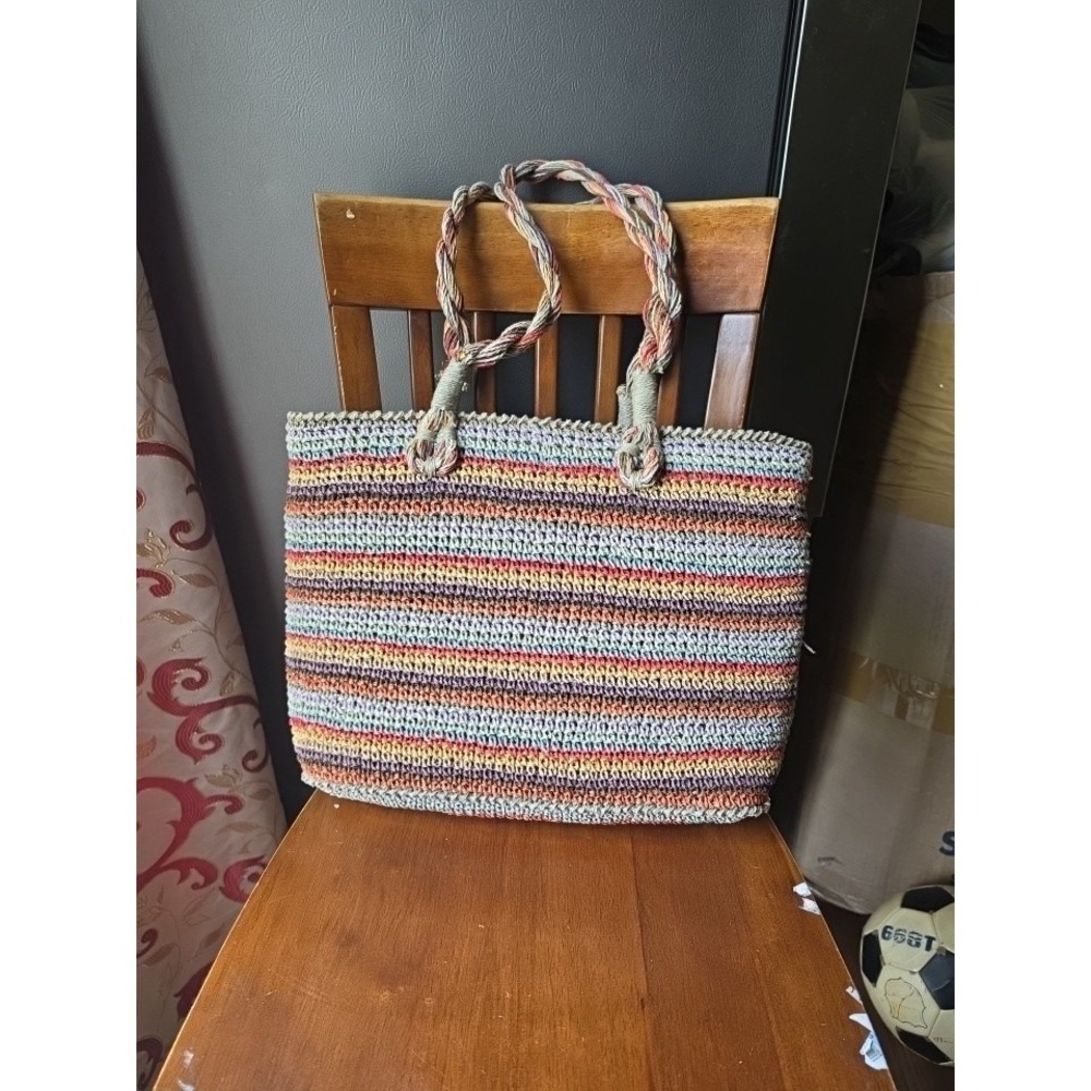 Vintage PAPER ROPE YARN Shoulder Bag Crocheted Colorful Stripes Purse